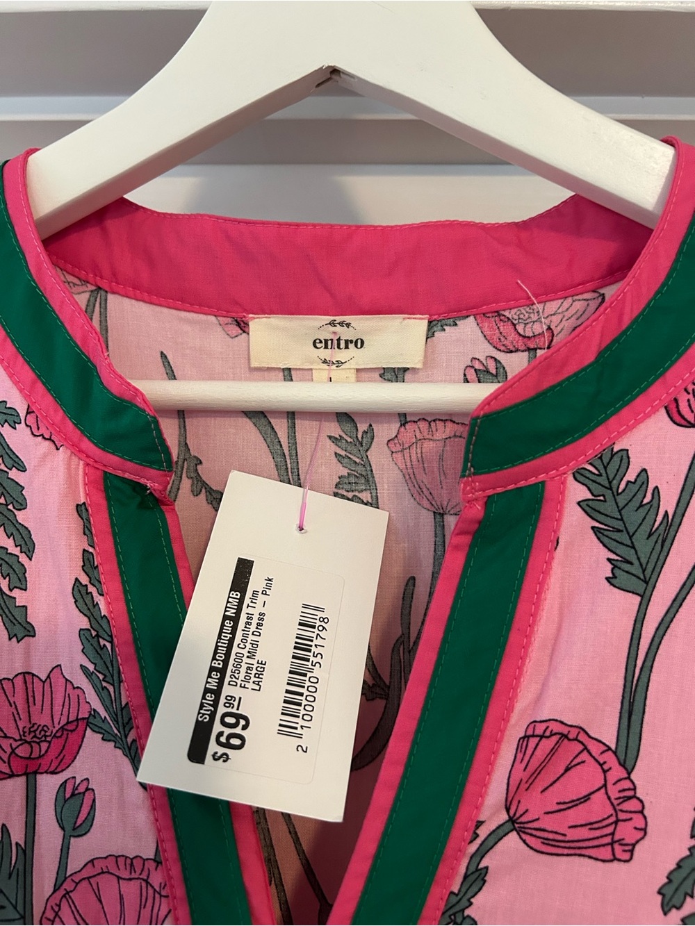 Entro Pink Floral Dress with Green Trim - Picture 2 of 4